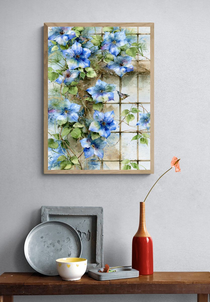 Blue Clematis Watercolor Print. — room view 3