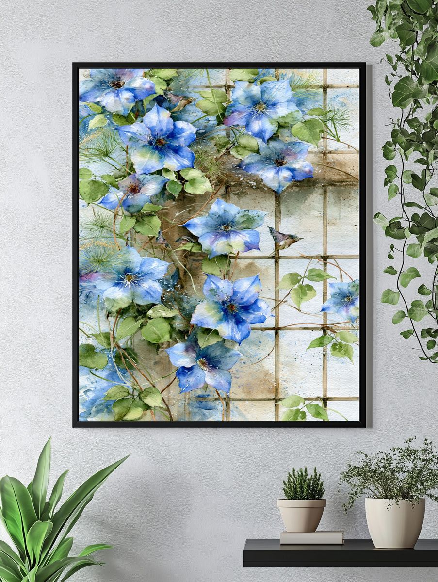 Blue Clematis Watercolor Print. — room view 4