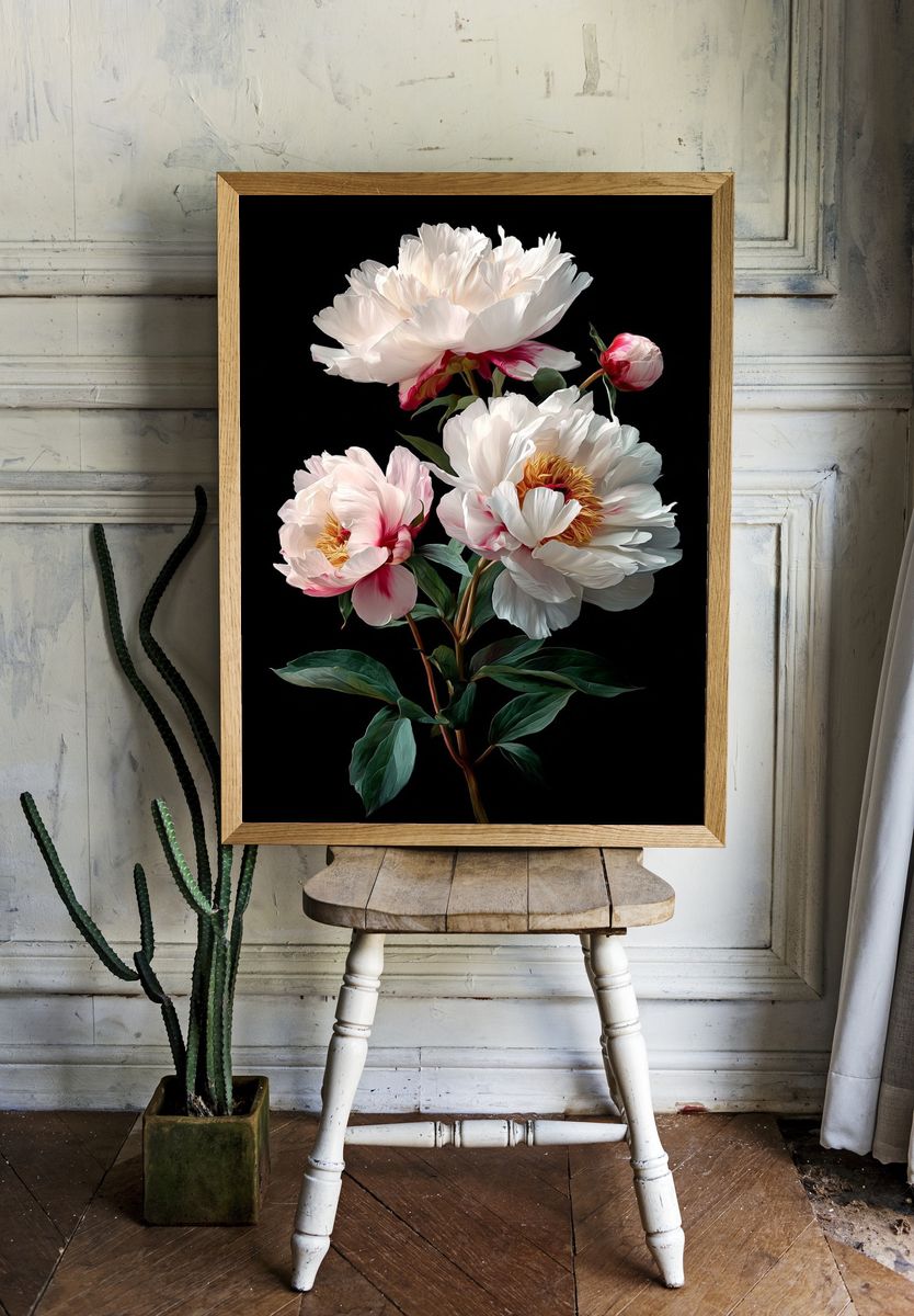 White Peonies Botanical Print. room preview