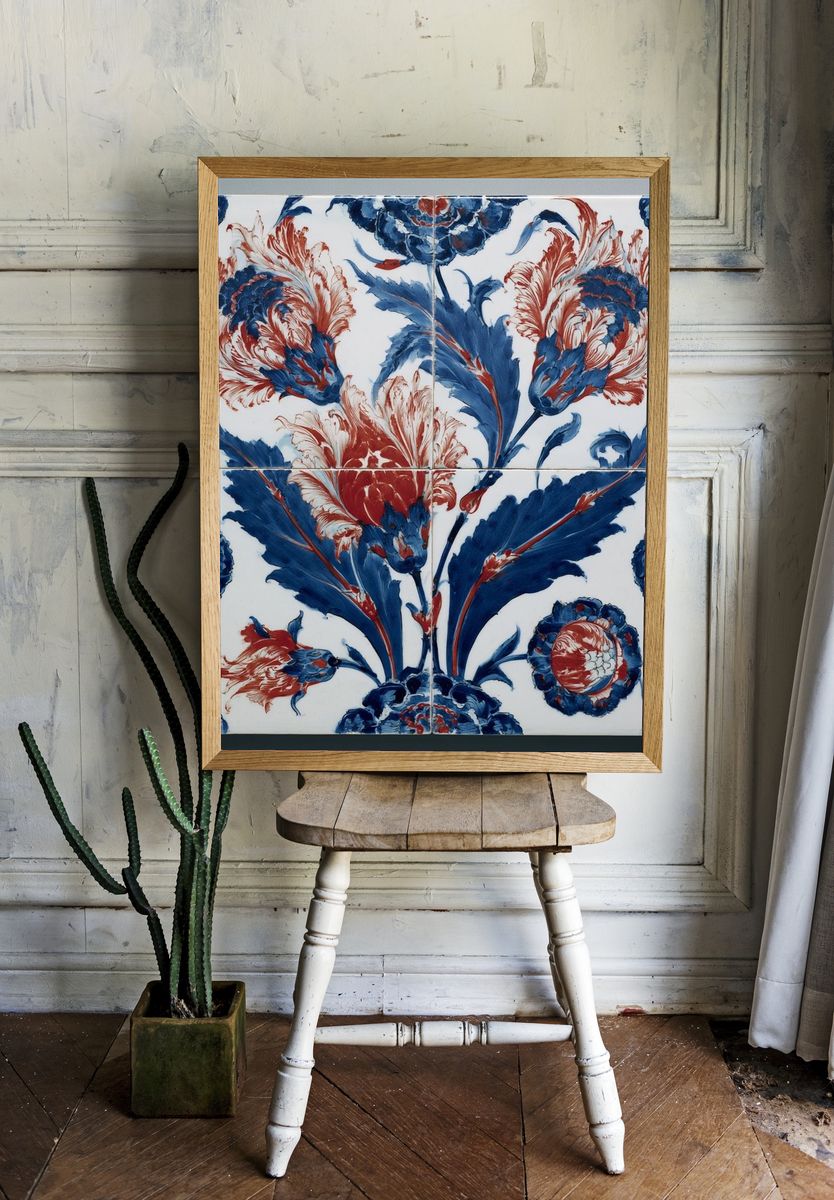 Blue and Red Floral Tile Print. room preview