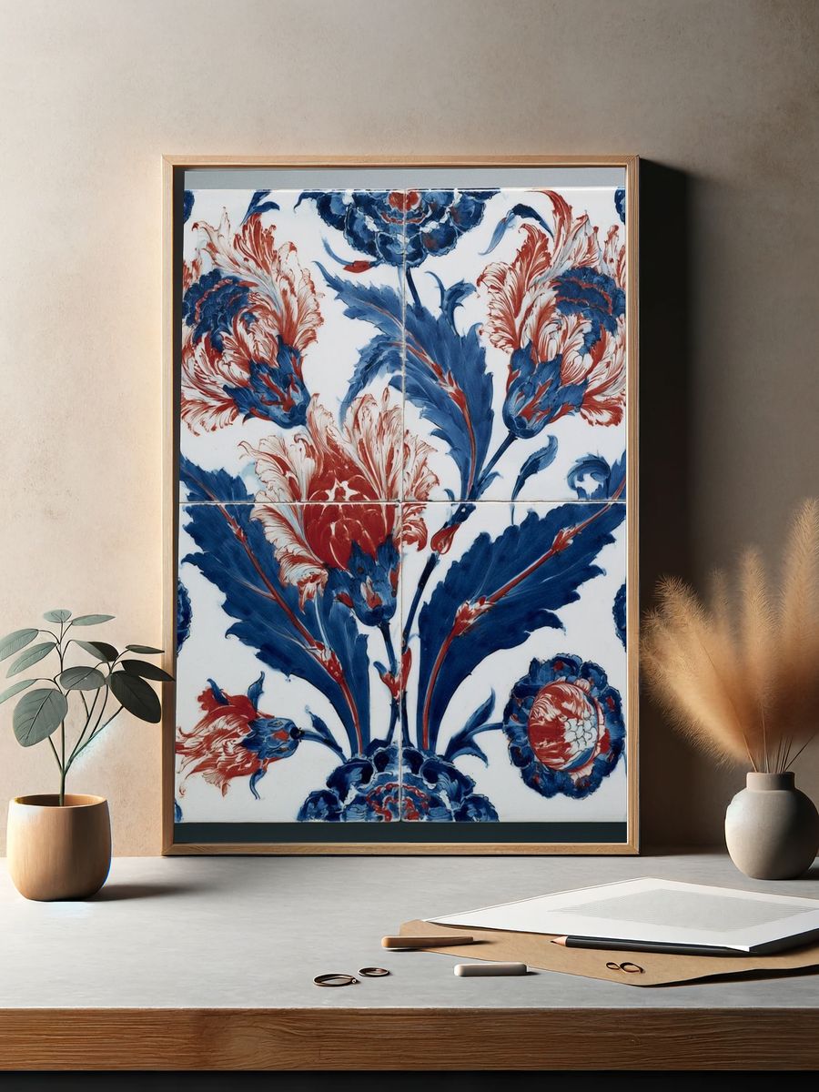 Blue and Red Floral Tile Print. — room view 2