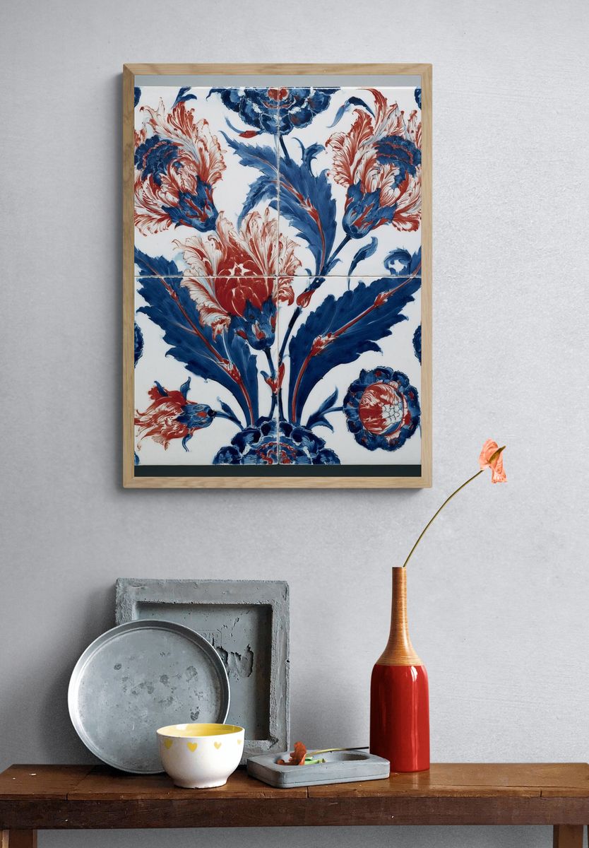 Blue and Red Floral Tile Print. — room view 3