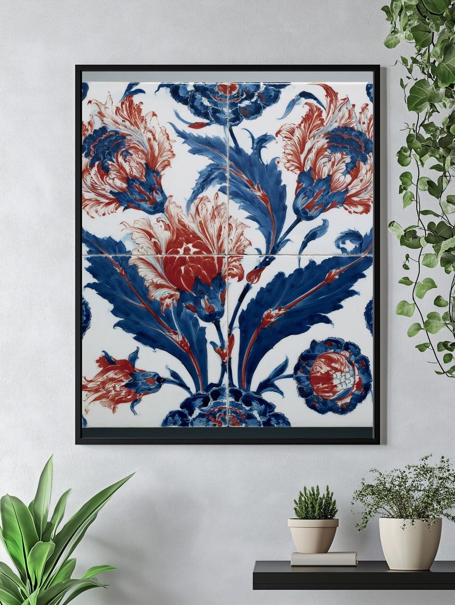 Blue and Red Floral Tile Print. — room view 4