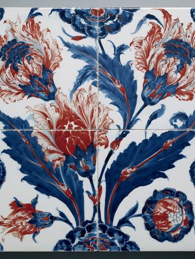 Blue and Red Floral Tile Print.