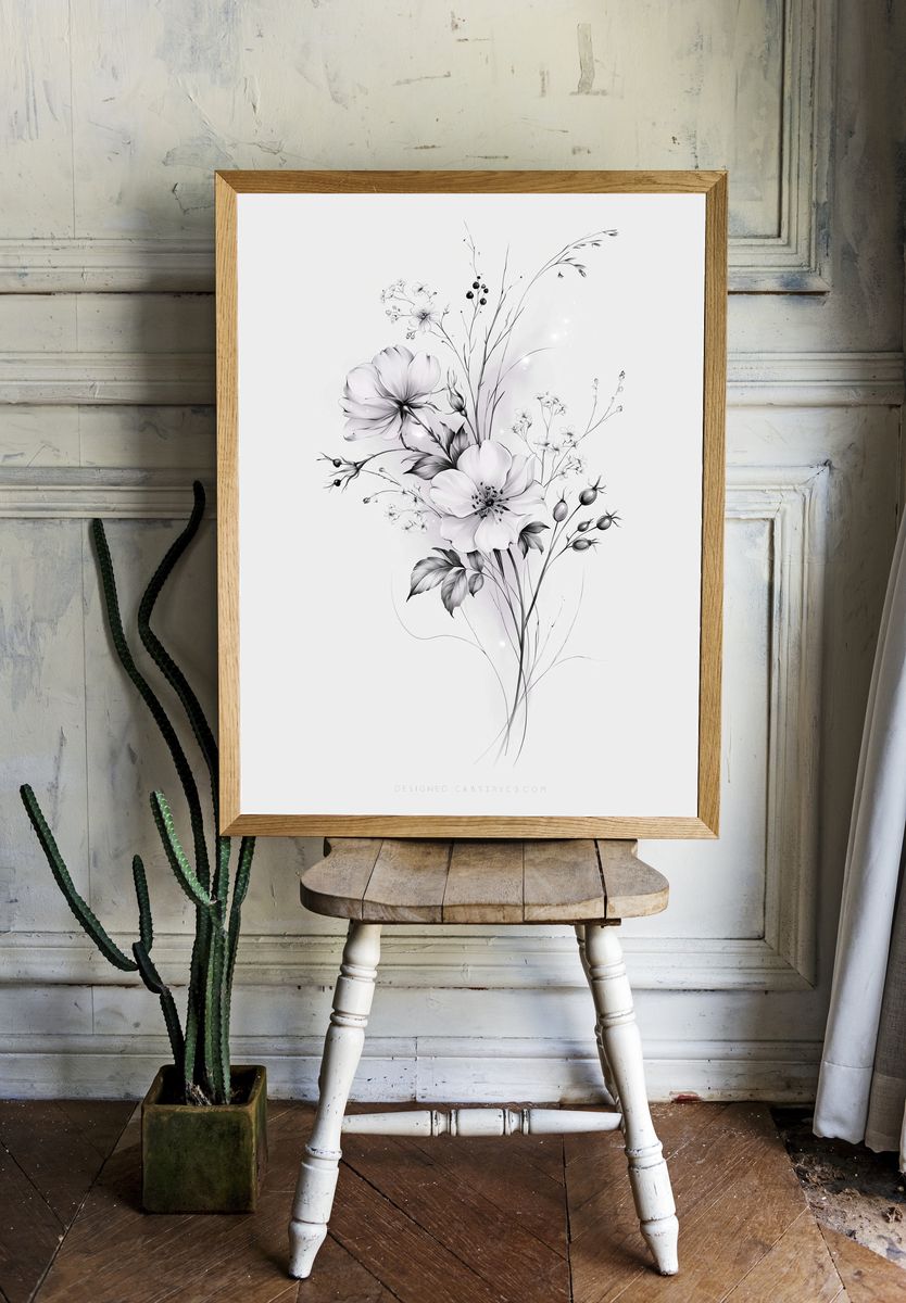 Monochrome Wildflower Botanical Print. room preview