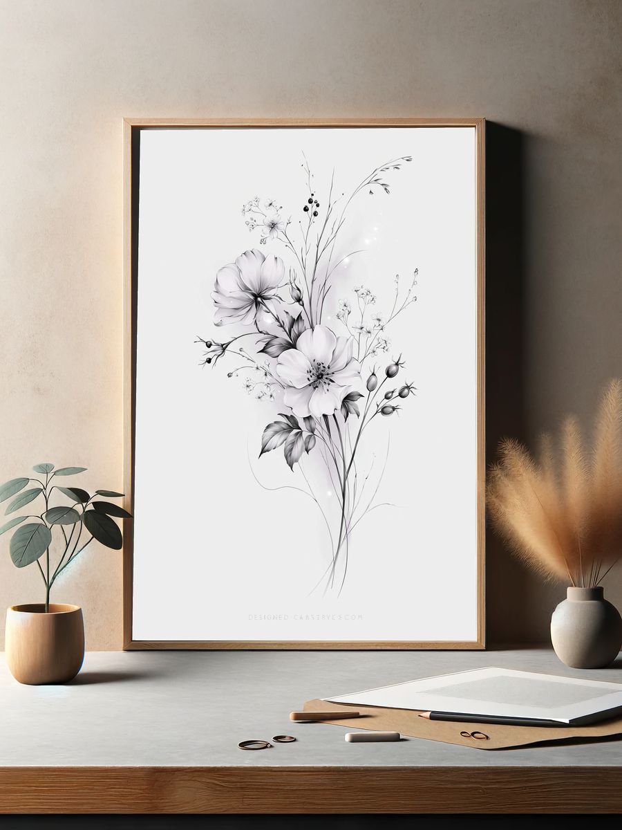 Monochrome Wildflower Botanical Print. — room view 2