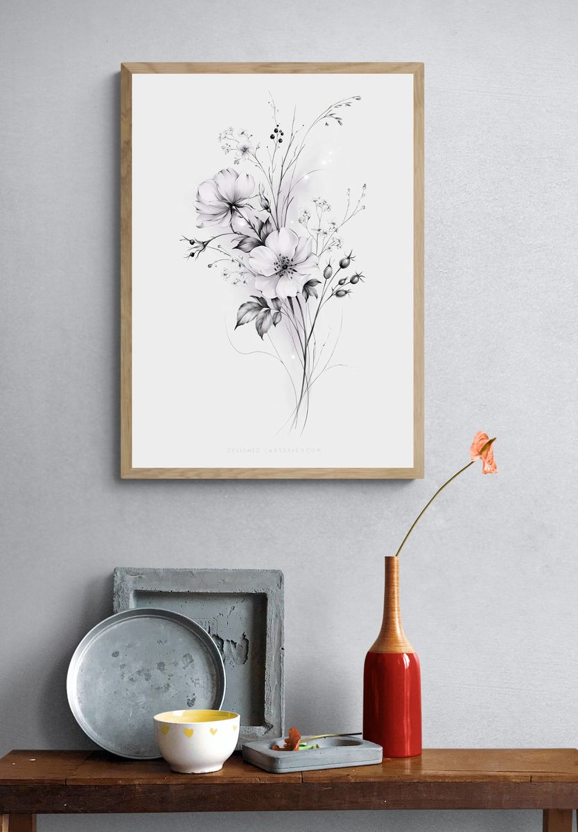 Monochrome Wildflower Botanical Print. — room view 3