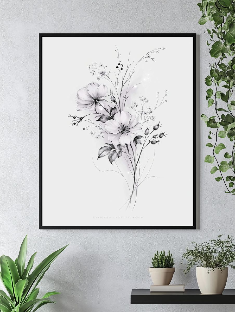 Monochrome Wildflower Botanical Print. — room view 4