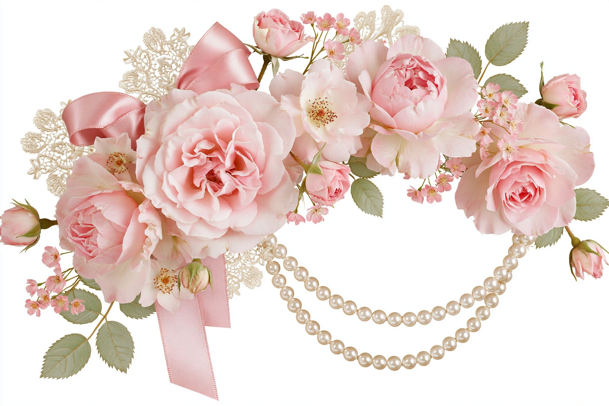 Pink Roses and Pearls Floral Print. poster detail