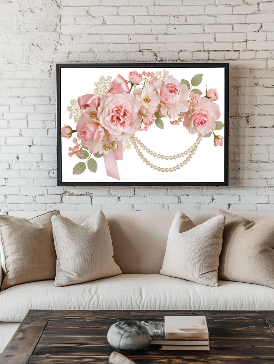 Pink Roses and Pearls Floral Print. room preview