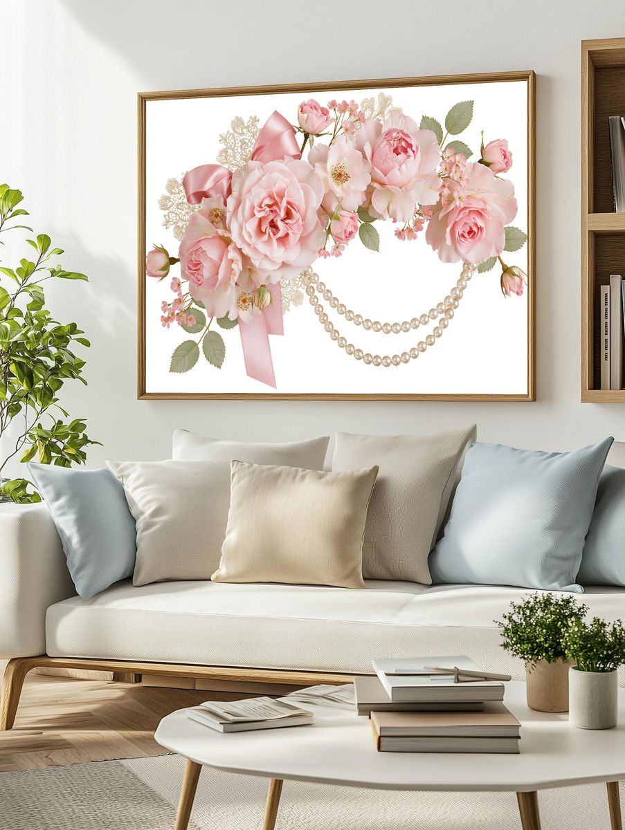 Pink Roses and Pearls Floral Print. — room view 2