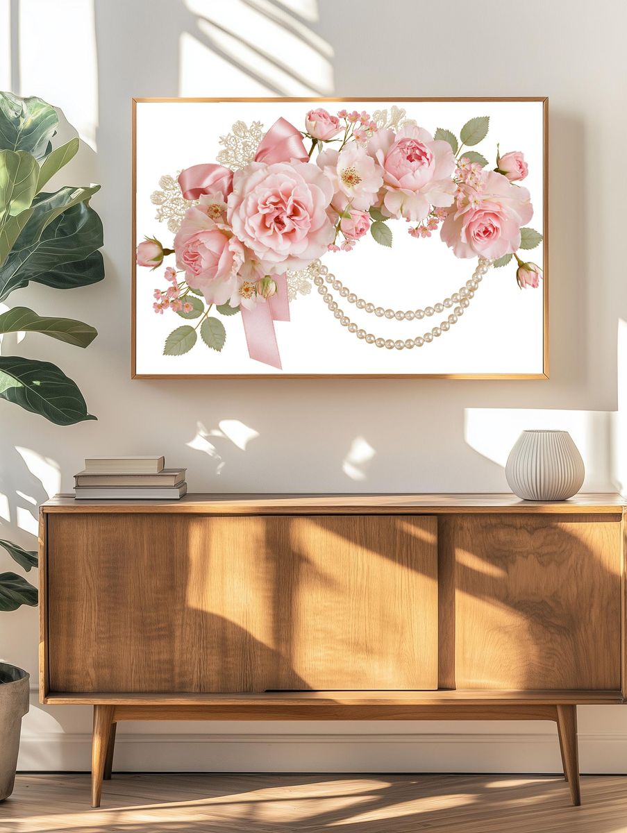 Pink Roses and Pearls Floral Print. — room view 3