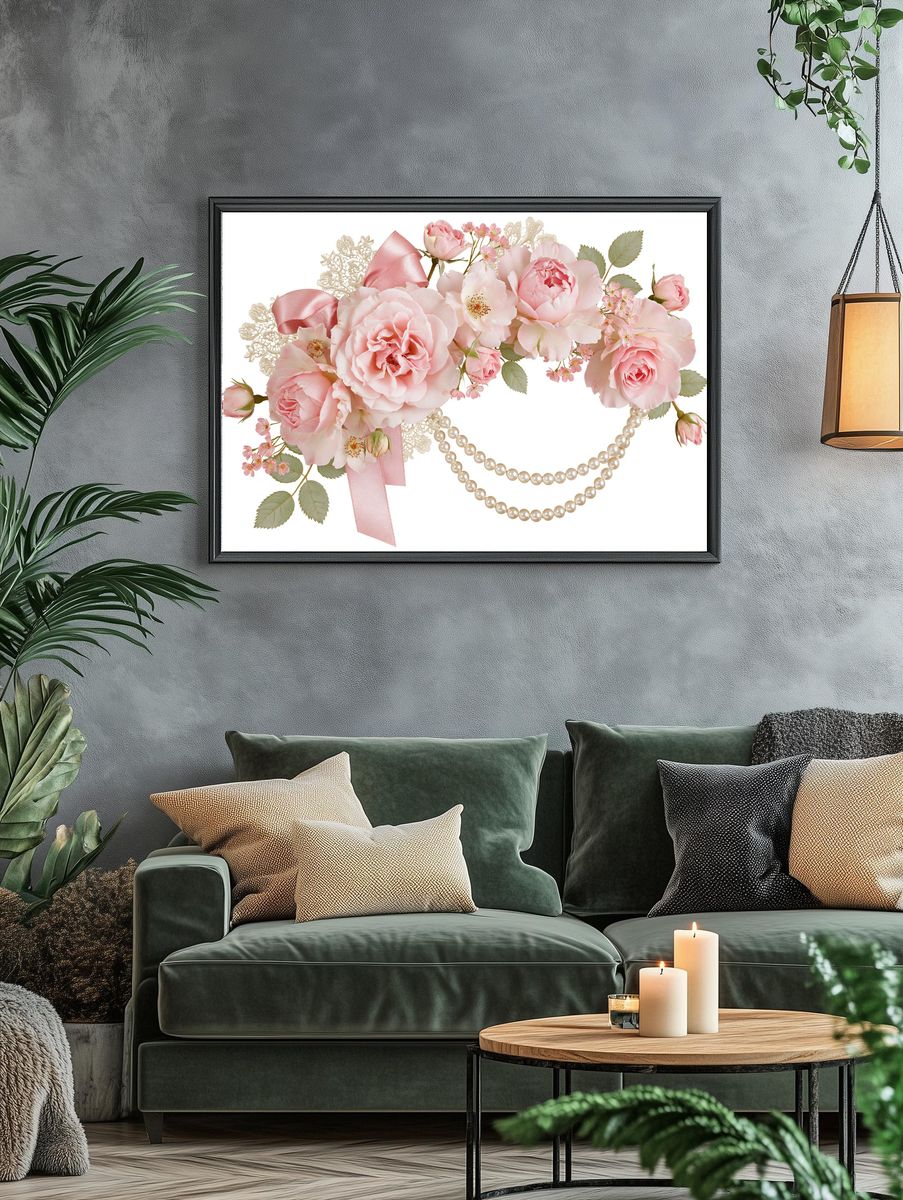 Pink Roses and Pearls Floral Print. — room view 4