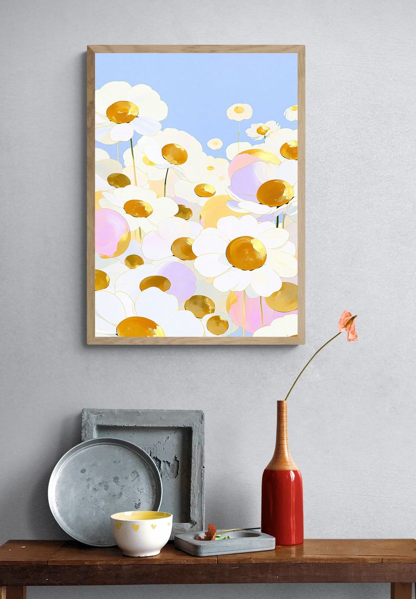 Pastel Daisy Field Illustration Poster. — room view 3