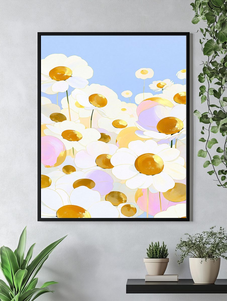 Pastel Daisy Field Illustration Poster. — room view 4