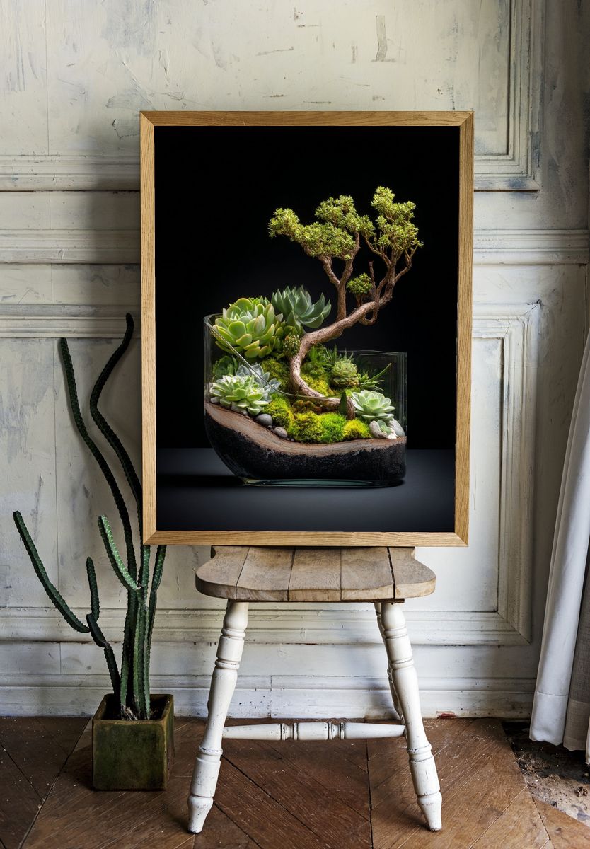 Succulent Bonsai Terrarium Photography Poster. — room view 1
