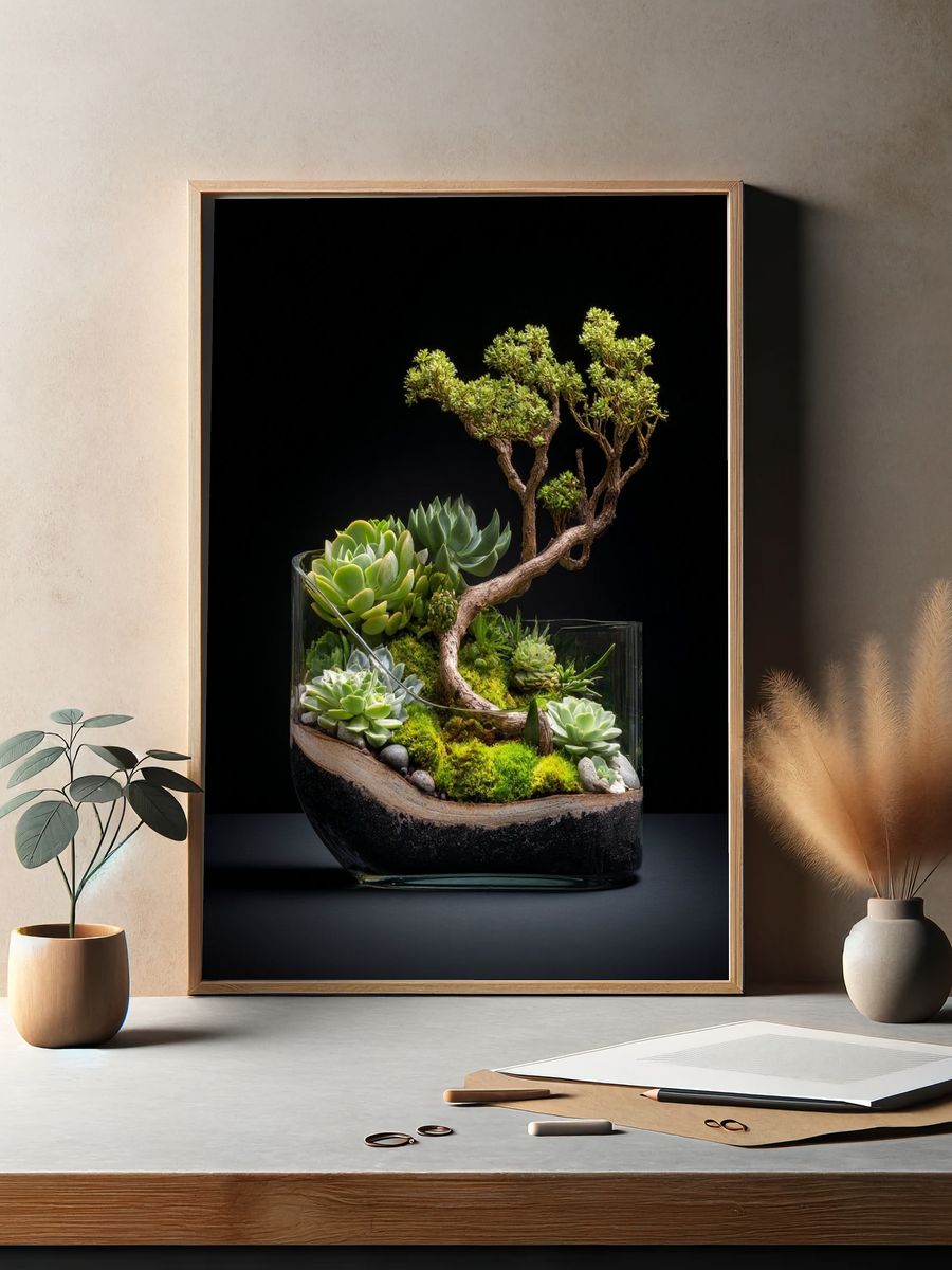 Succulent Bonsai Terrarium Photography Poster. — room view 2