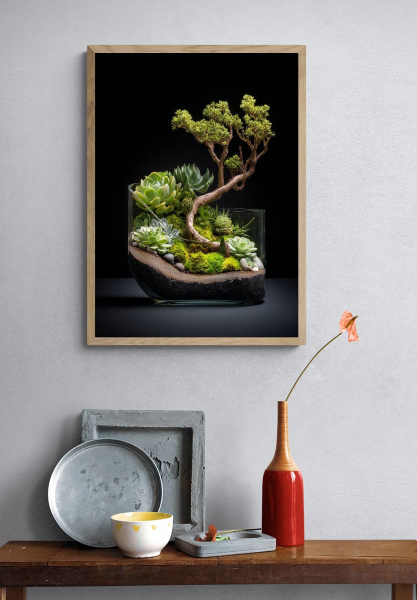 Succulent Bonsai Terrarium Photography Poster. — room view 3
