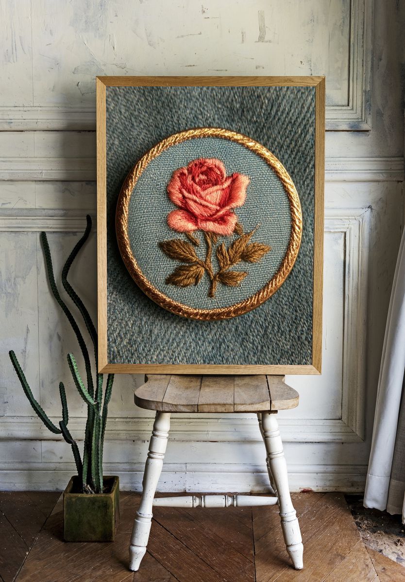 Embroidered Rose Botanical Print. room preview