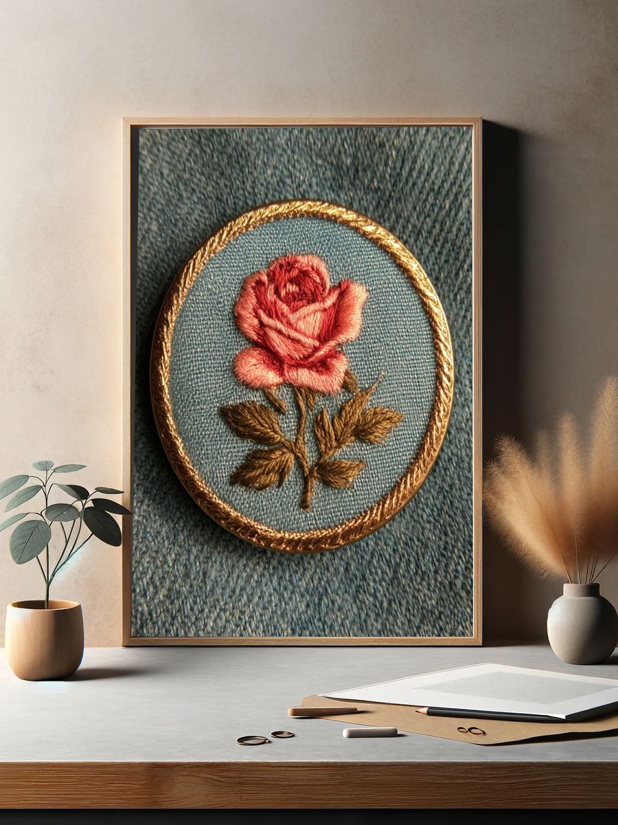 Embroidered Rose Botanical Print. — room view 2