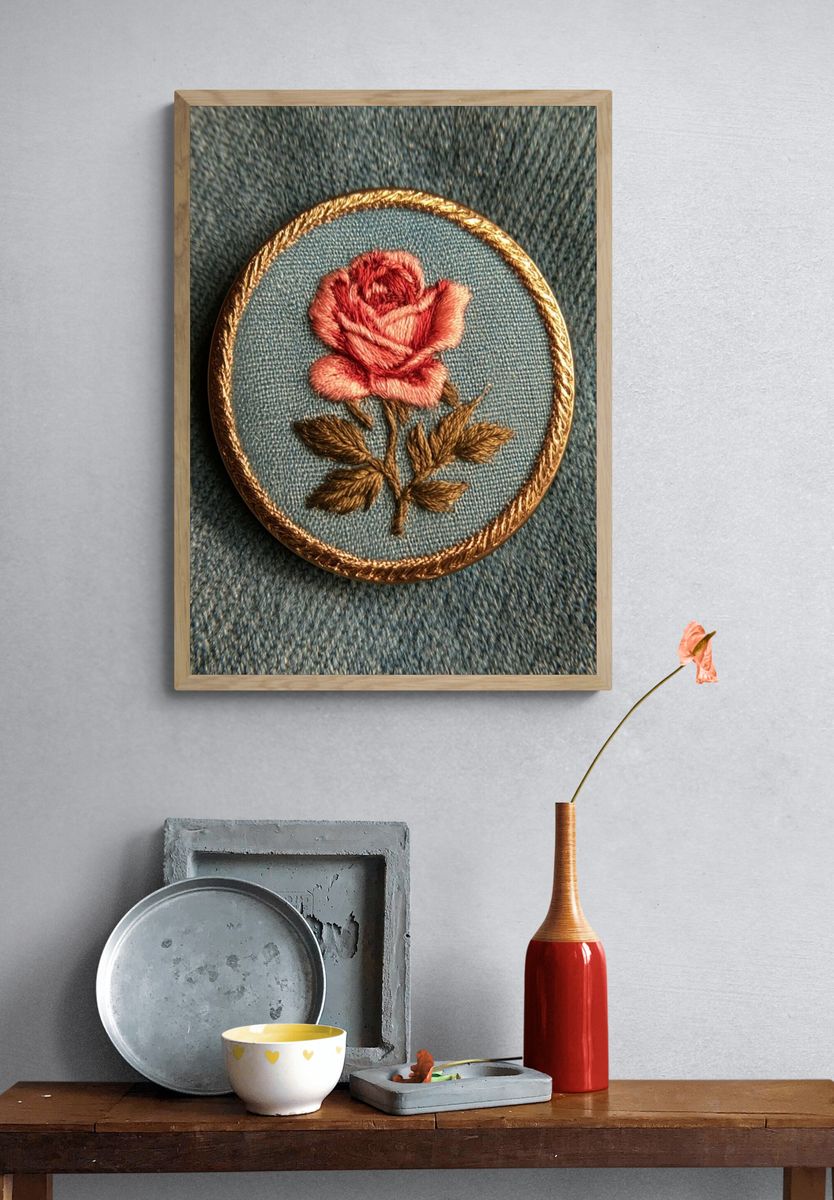Embroidered Rose Botanical Print. — room view 3