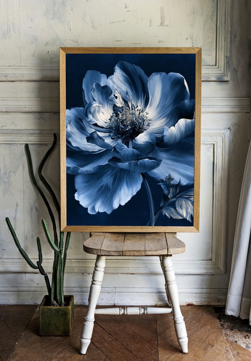 Blue Anemone Botanical Print. room preview