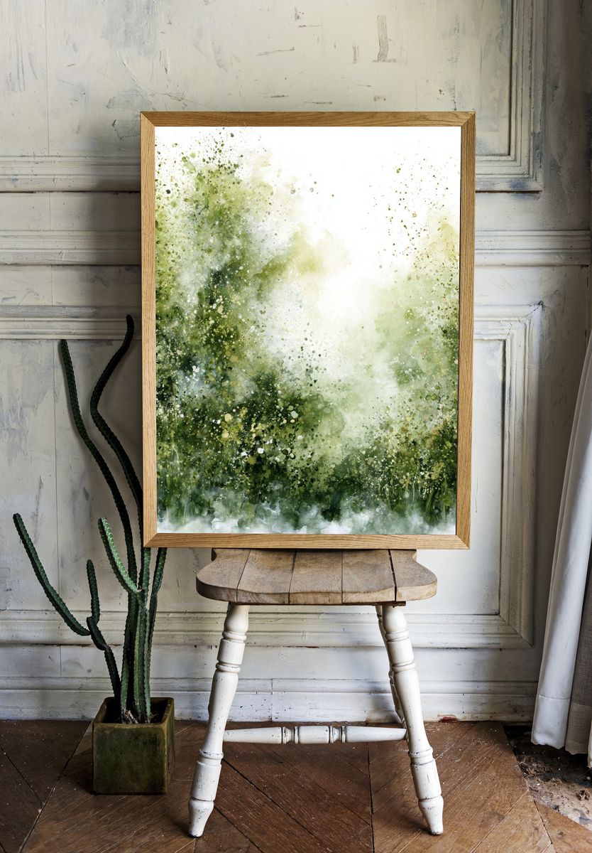 Misty Green Forest Watercolor Print. — room view 1