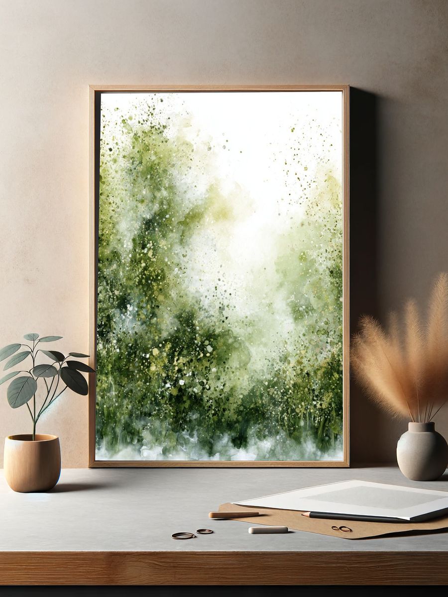Misty Green Forest Watercolor Print. — room view 2