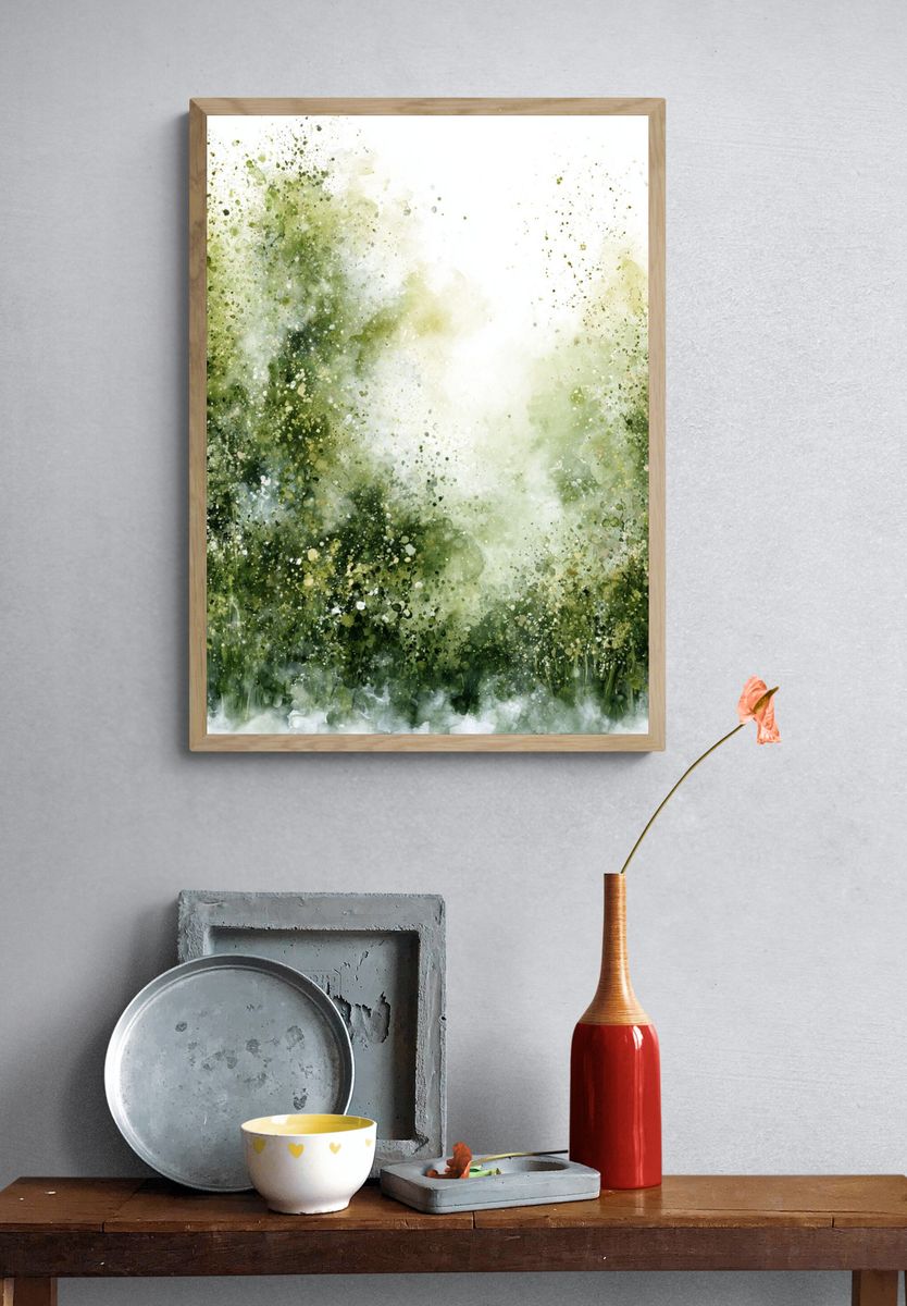 Misty Green Forest Watercolor Print. — room view 3
