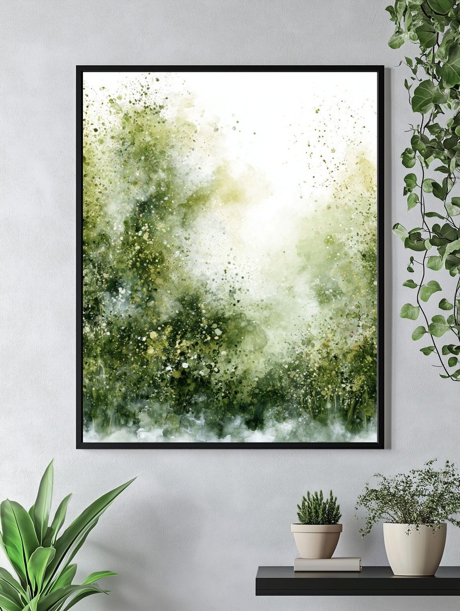 Misty Green Forest Watercolor Print. — room view 4