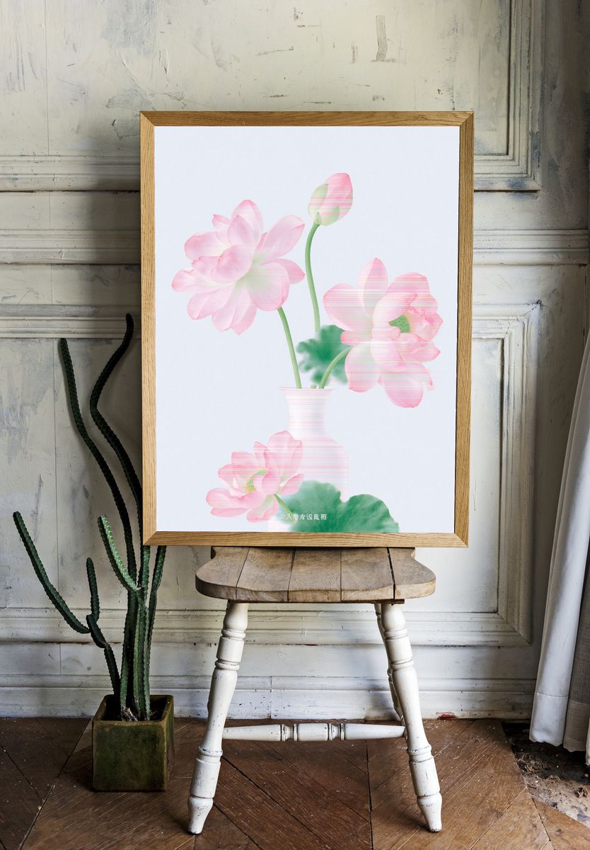 Pink Lotus Flowers Botanical Print. room preview