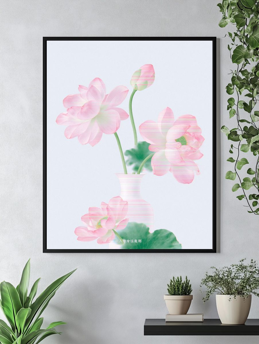 Pink Lotus Flowers Botanical Print. — room view 4