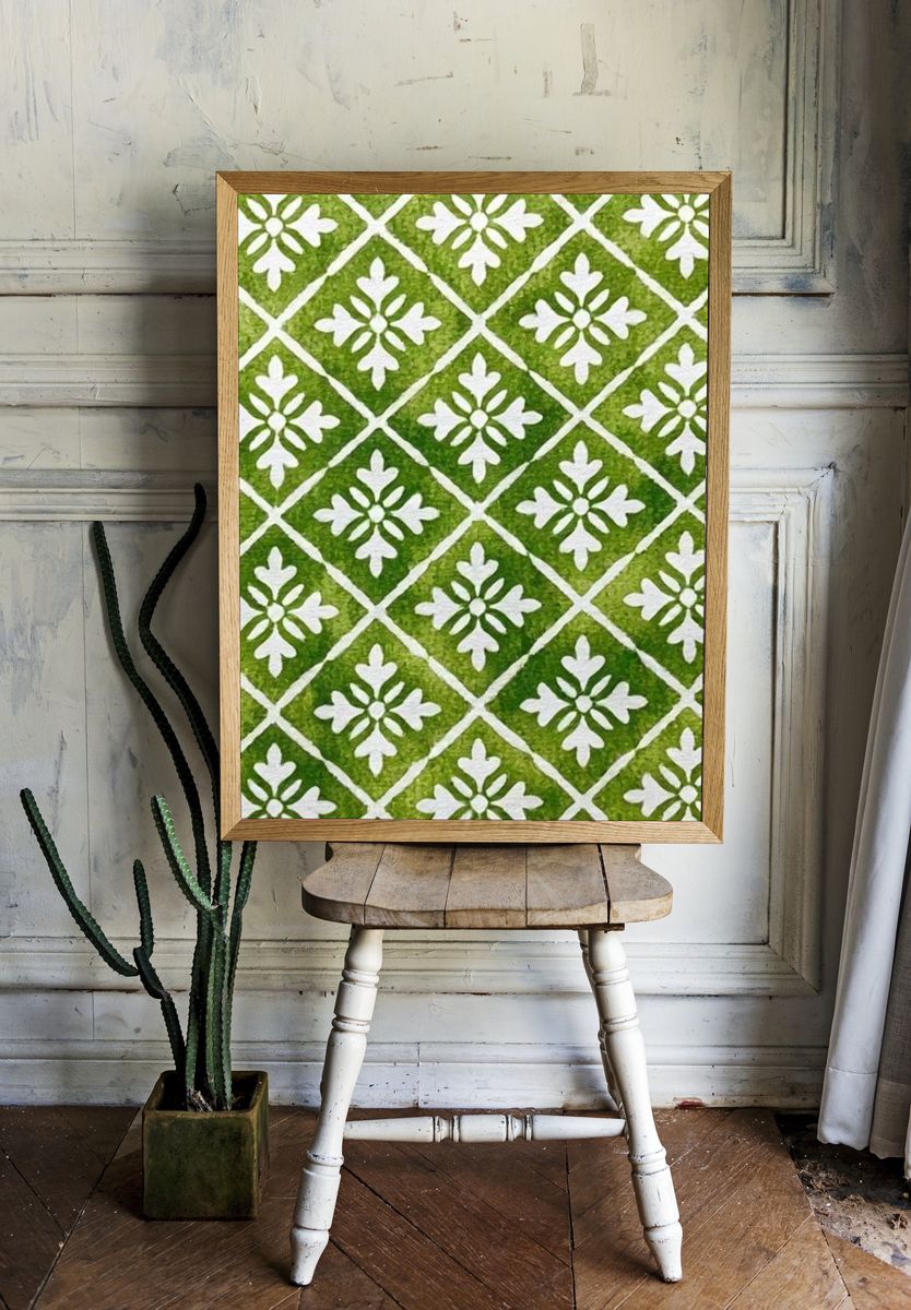 Green Floral Tile Pattern Print. — room view 1