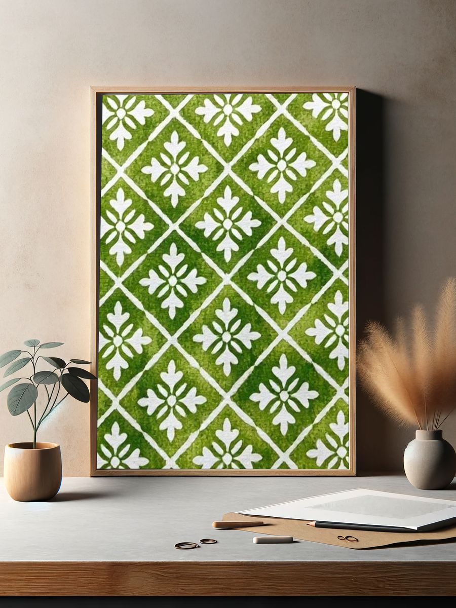Green Floral Tile Pattern Print. — room view 2