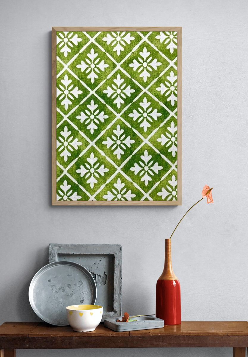 Green Floral Tile Pattern Print. — room view 3