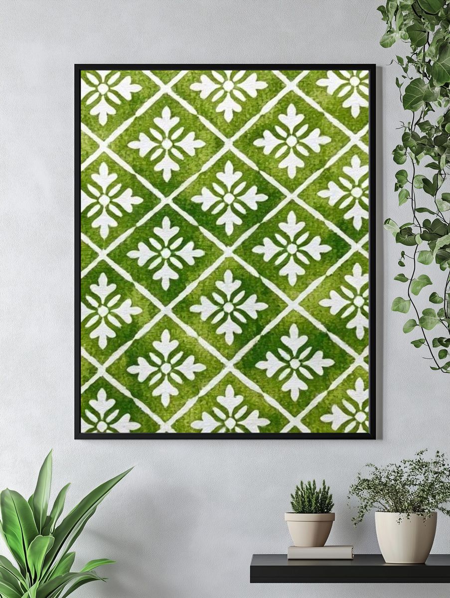 Green Floral Tile Pattern Print. — room view 4