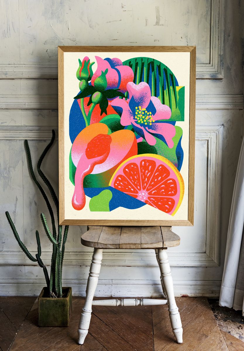 Tropical Floral Collage Print. room preview