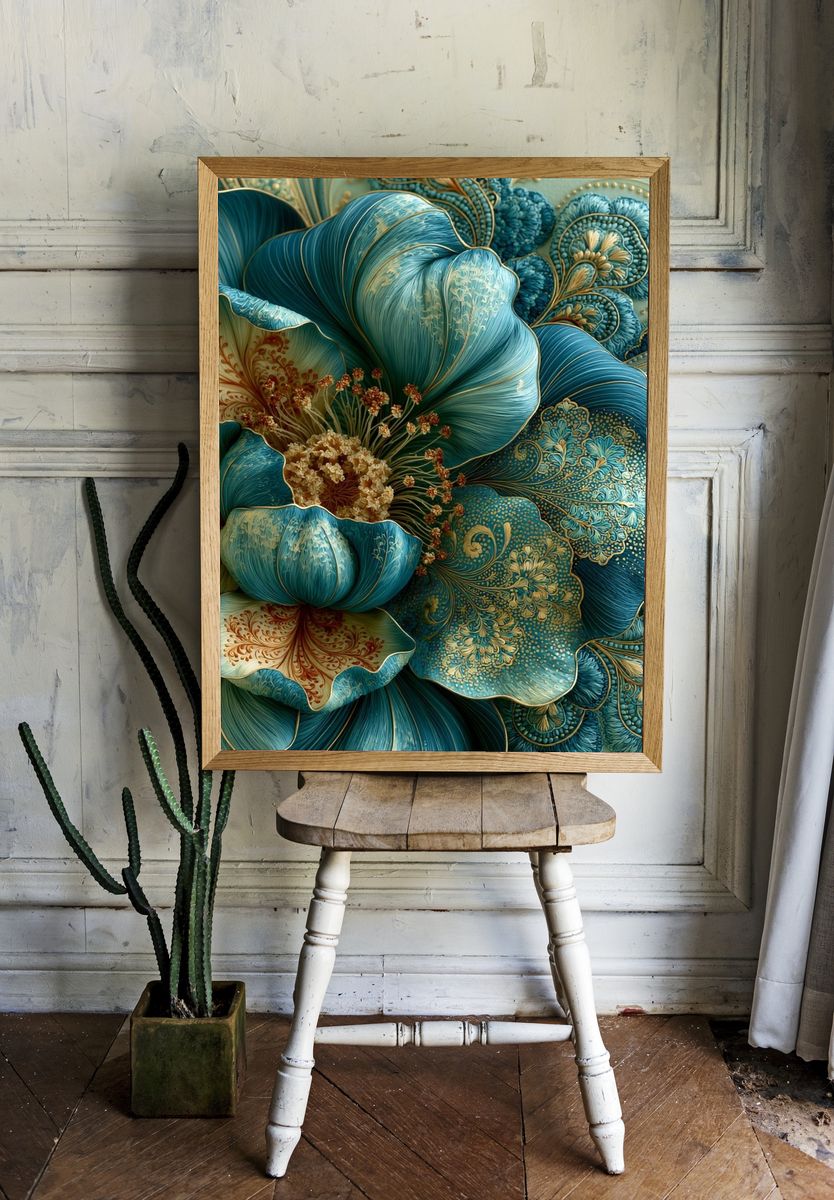 Teal Floral Bloom Illustration Poster. — room view 1