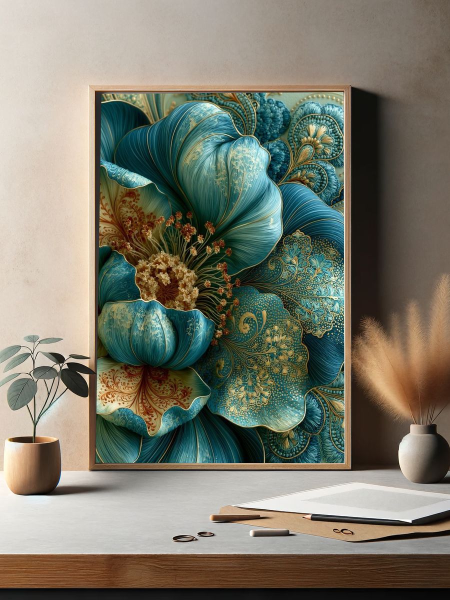 Teal Floral Bloom Illustration Poster. — room view 2