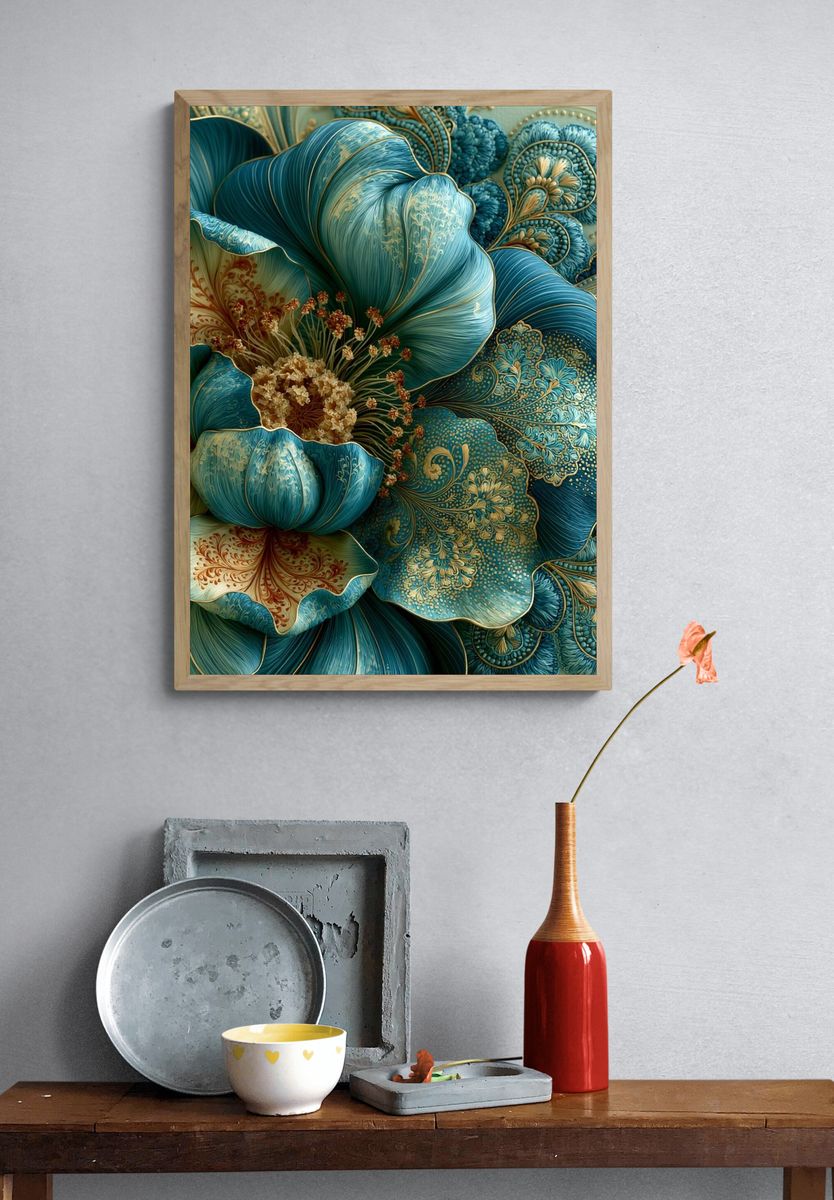 Teal Floral Bloom Illustration Poster. — room view 3