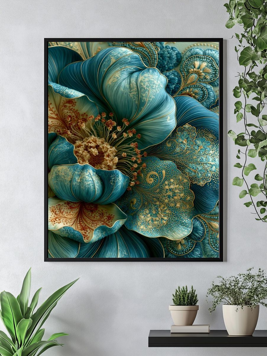 Teal Floral Bloom Illustration Poster. — room view 4