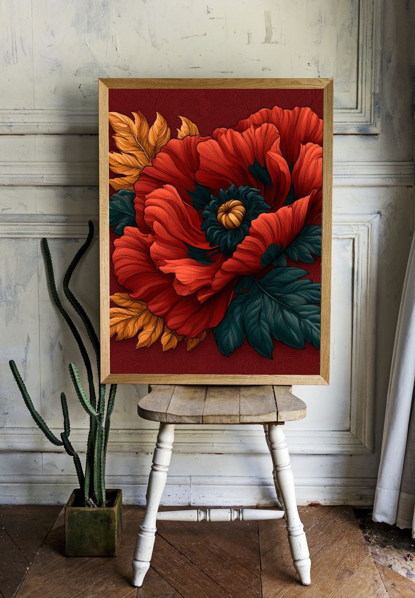 Crimson Poppy Botanical Poster. — room view 1