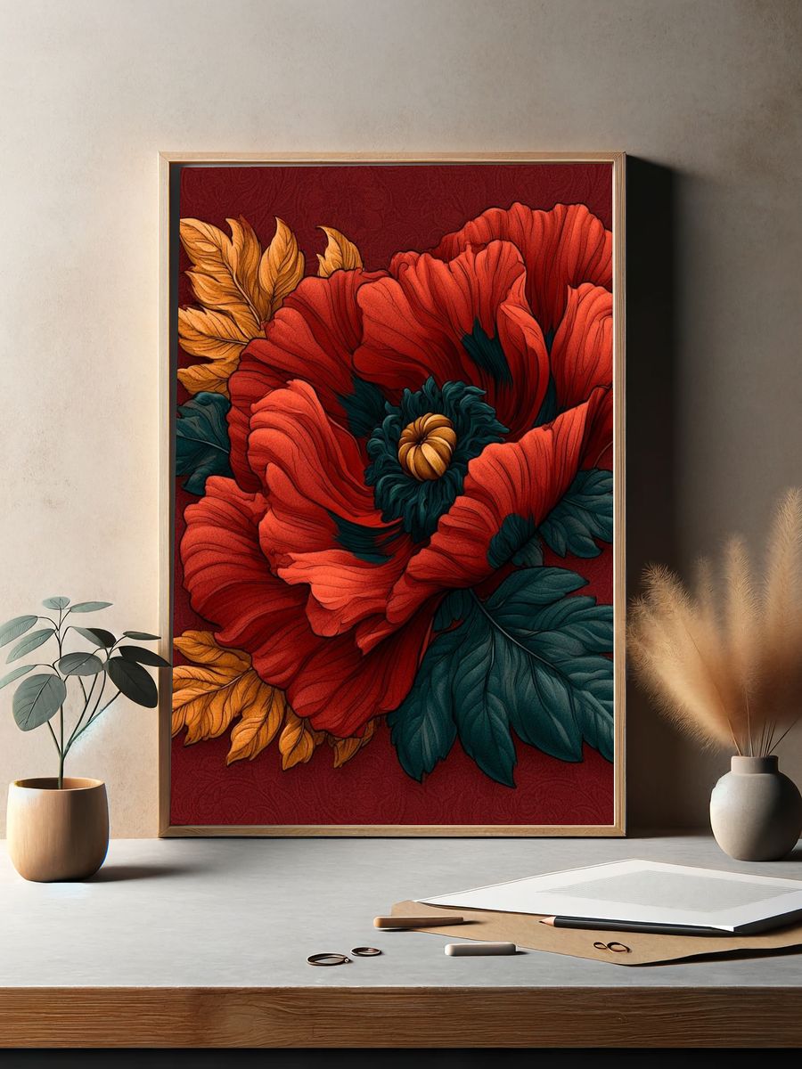 Crimson Poppy Botanical Poster. — room view 2