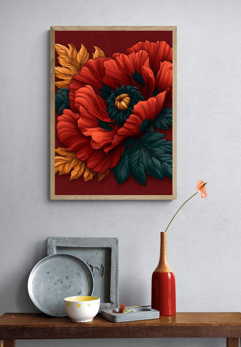 Crimson Poppy Botanical Poster. — room view 3