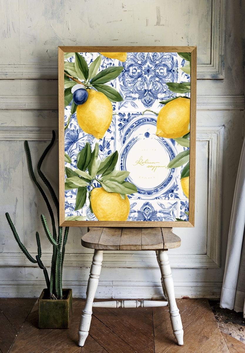 Lemon Tile Botanical Print. room preview