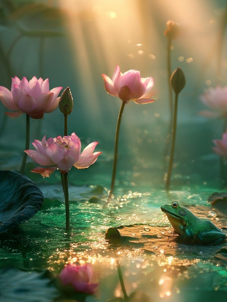 Lotus Pond with Frog Illustration Poster. poster detail