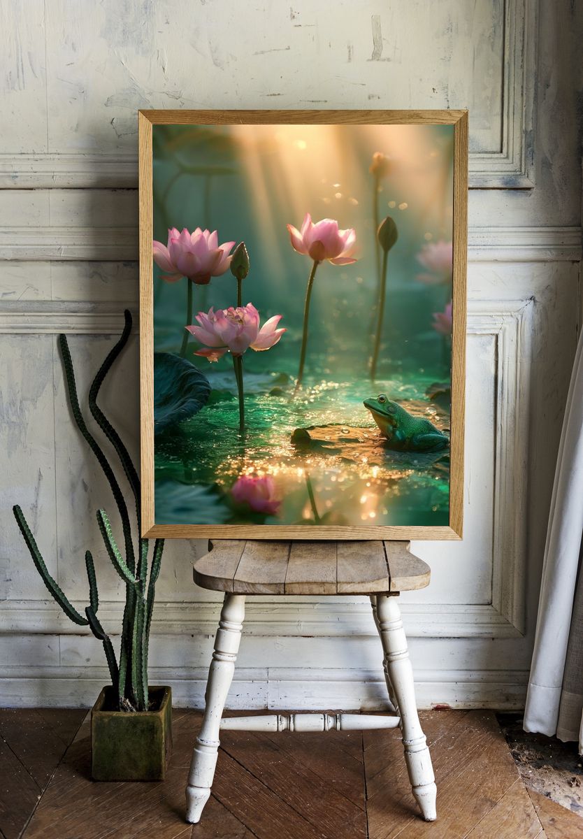 Lotus Pond with Frog Illustration Poster. room preview