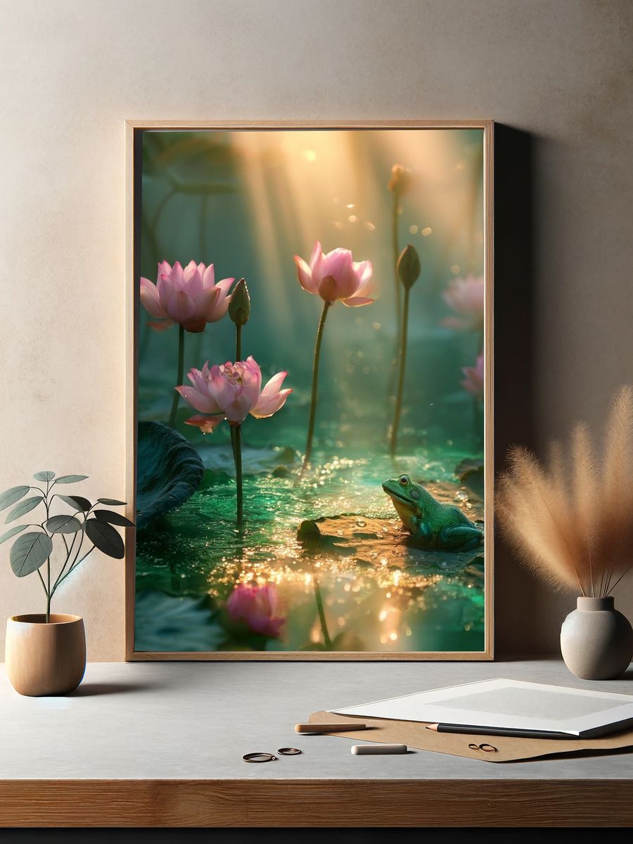 Lotus Pond with Frog Illustration Poster. — room view 2