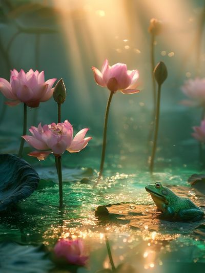 Lotus Pond with Frog Illustration Poster.