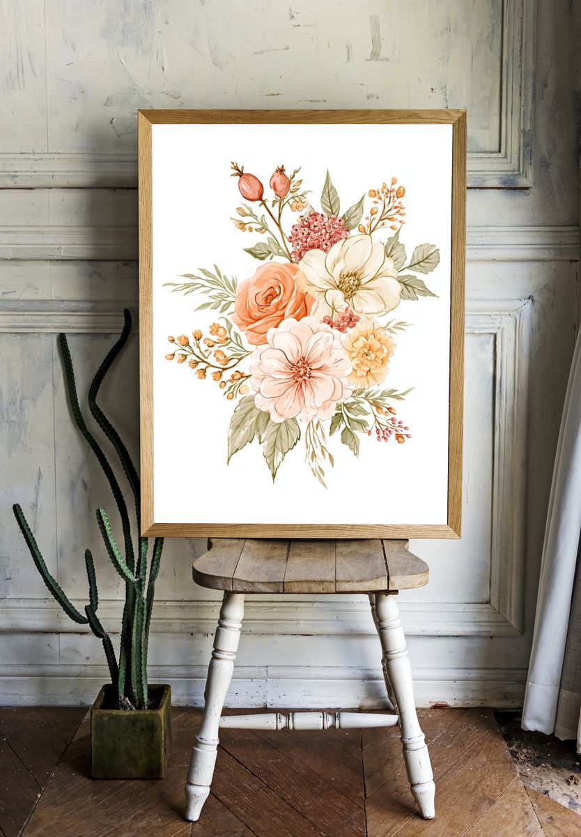 Peach Floral Bouquet Watercolor Print. room preview